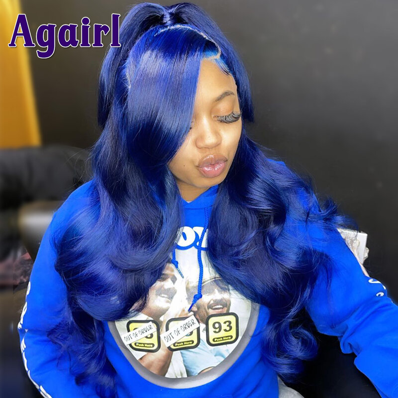 Peluca de cabello humano ondulado para mujer, postizo de encaje Frontal 13x4 13x6, color azul marino, transparente, sin pegamento, 6x4, prearrancado, 200%