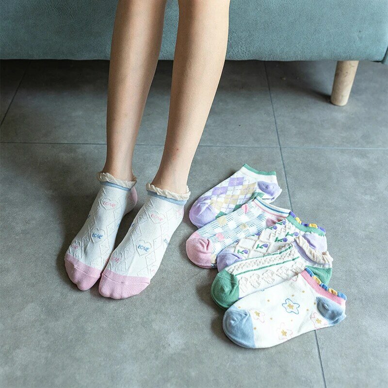 1 Pair Women Casual Short Socks Breathable Diamond Flower Heart Checked Candy Color Harajuku Streetwear Happy Female Ankle Socks