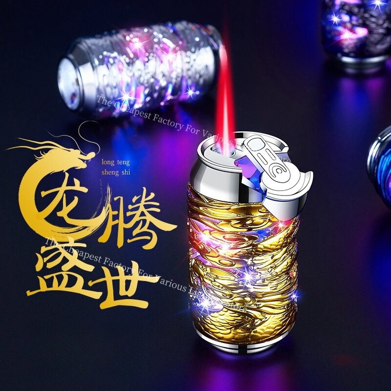 Creative Cans-shape Metal 3D Relief Dragon Lighter Colored Light Butane Red Jet Flame Portable Lighters Dragon Mens Gift Smoking