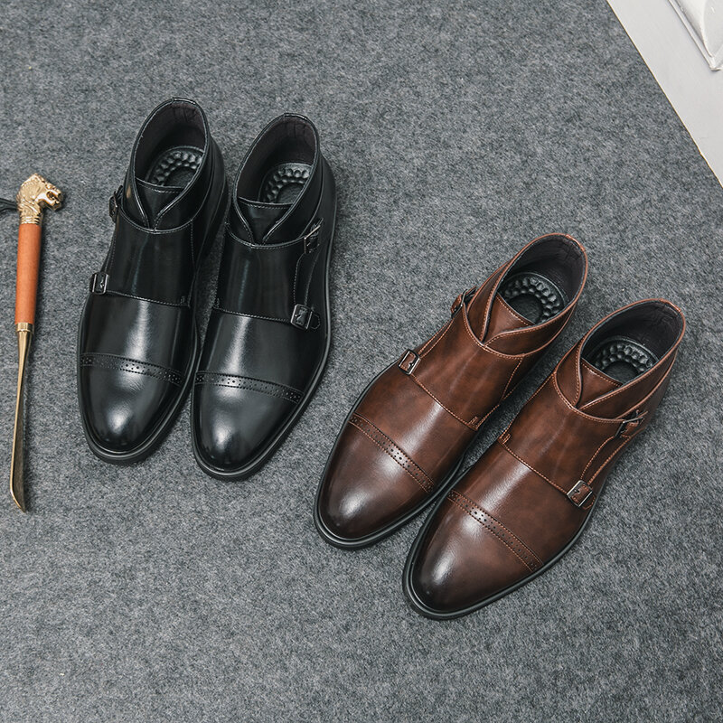Botas de cuero de lujo con doble hebilla para hombre, zapatos informales con punta puntiaguda, cómodos, de alta calidad, para fiesta