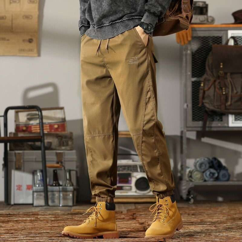 Vintage Men's Summer 2024 New Patchwork High-waisted Fashion Solid Drawstring Pockets Slim Fit All-match Casual Cargo Pants