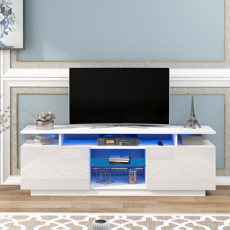 [Flash Sale]Modern TV Stand Cabinet for TVs up to 65inches with 16 Colors LED Lights for Livingroom Bedroom White/Black[US-W]