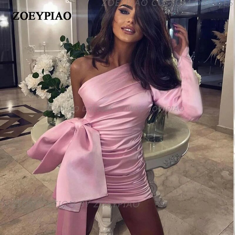 One Shoulder Cocktail Formal Club Prom Dresses One Sleeve Satin Hot Pink Vintage Simple Evening Gowns Formal Party Dress