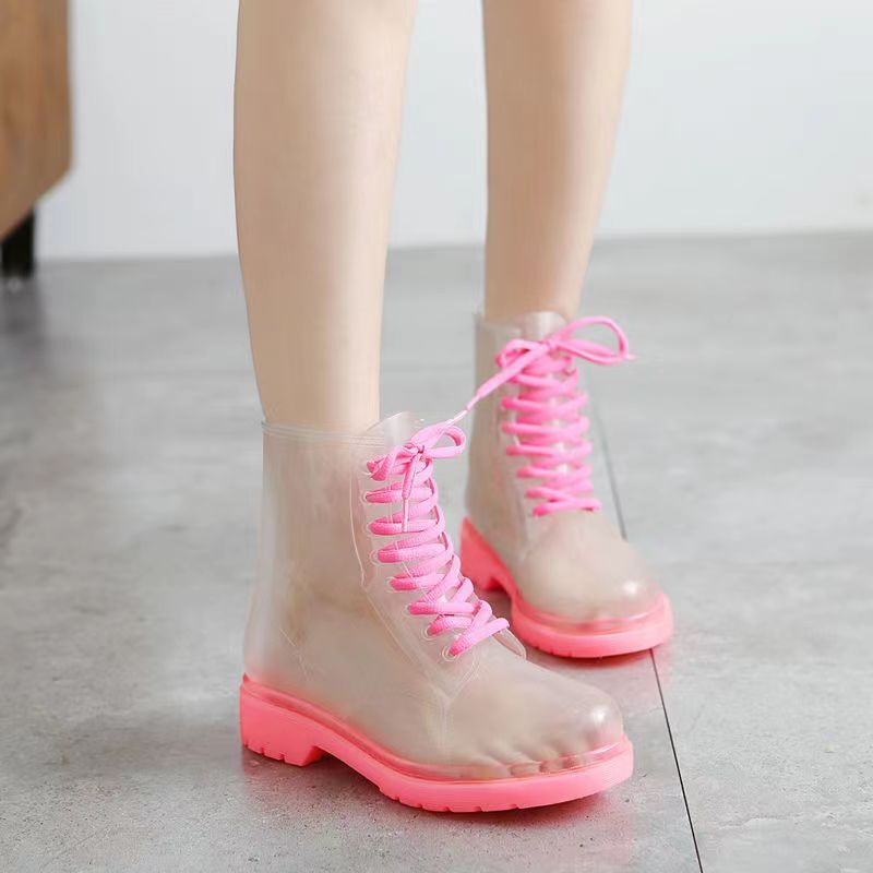 Sepatu hujan Jelly transparan wanita baru 2023 sepatu sol lembut antiselip sepatu AIR renda atas tinggi gratis pengiriman modis karet