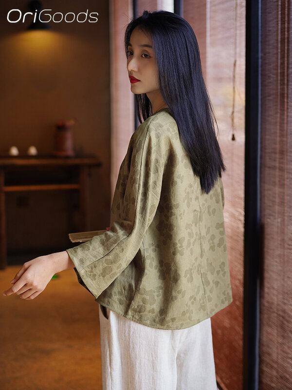 Blusa de lino con estampado para mujer, camisa de estilo Nacional Chino, elegante, primavera y verano, Q074, 100%, 2024