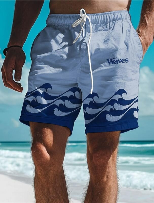 Waves-Short de bain imprimé 3D pour homme, short de bain, taille élastique, style hawaïen, plage, conception de lettres
