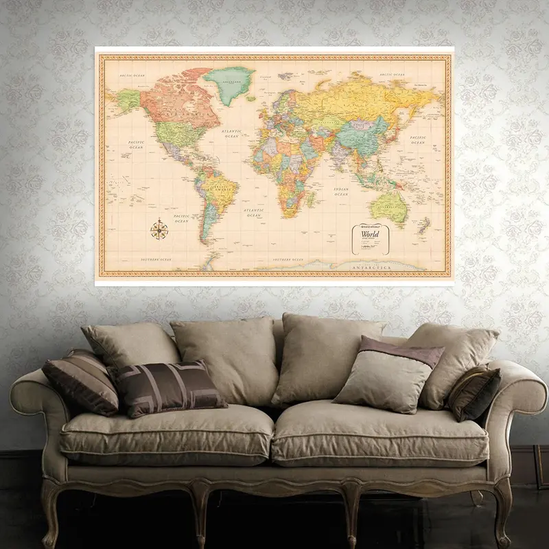 世界地図クラシックエディションビニールスプレーマップ、ポスターとプリント、国の旗、学校、家庭、事務用品、120x80cm