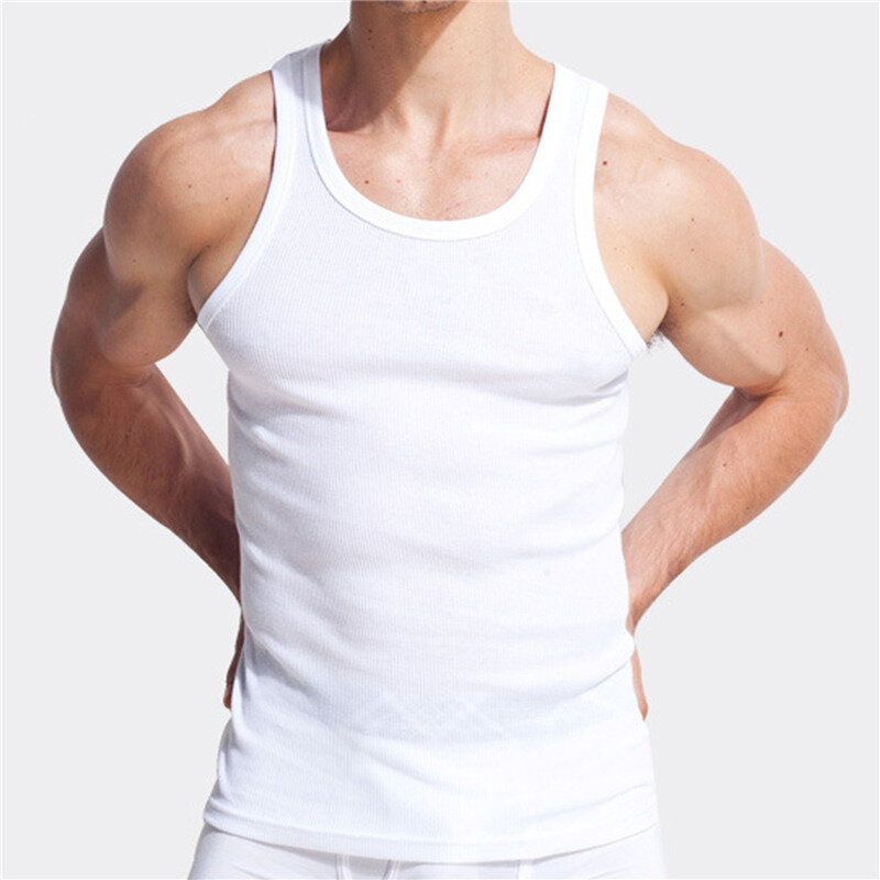 Rompi otot pria pakaian dalam katun Tank Top tanpa lengan rompi otot padat kaus dalam leher-o pakaian gym binaraga Tank Top