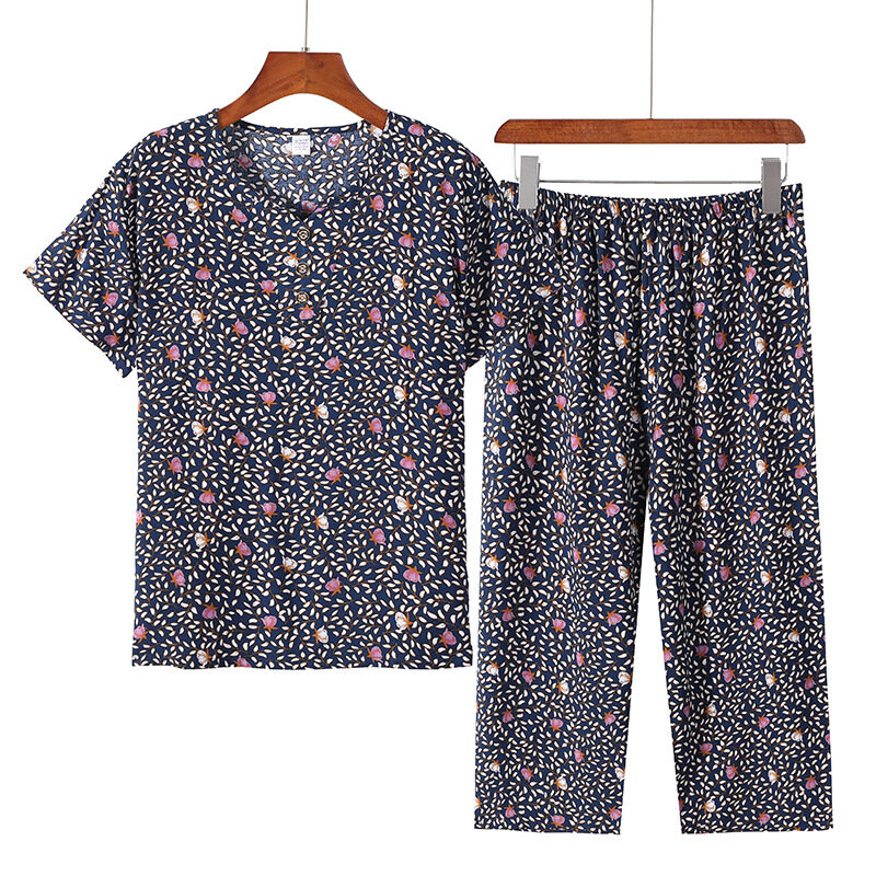Middle-Aged Mother Short Sleeved Pant Suit Printed Ladies Two-Piece Set Cotton Casual Big Size Sleep Wear Women Summer Pajamas