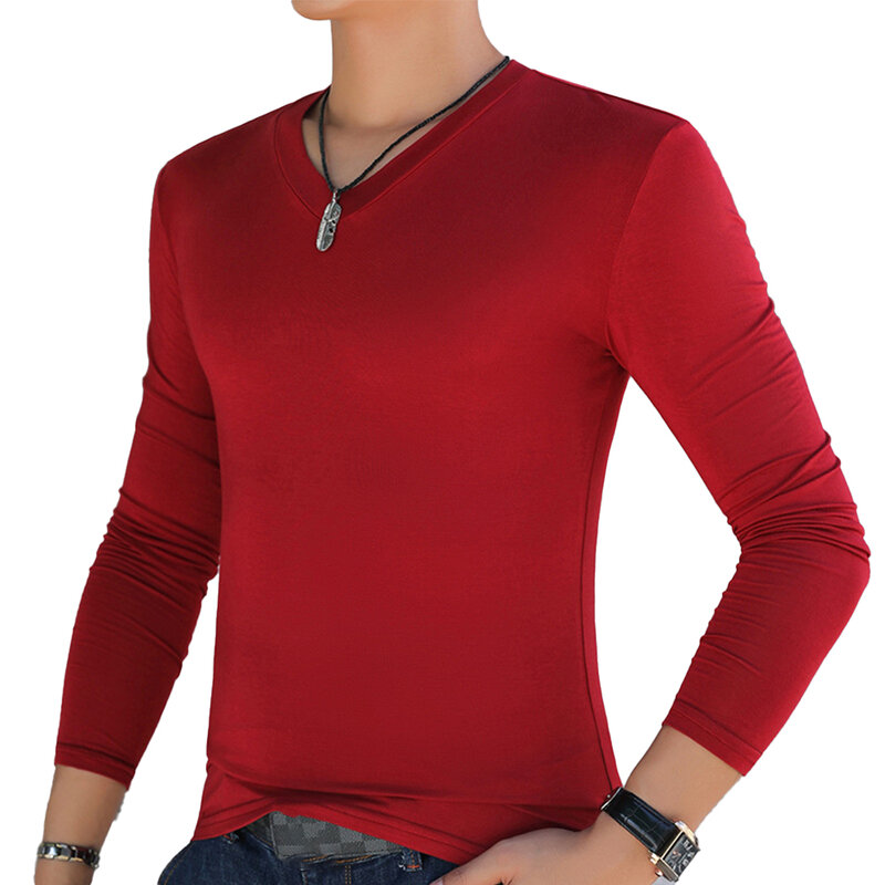 Bluzki męskie podkoszulek z dekoltem w szpic z wycięciem w szpic, oddychający sweter z długim rękawem, regularny, przyjazny dla skóry