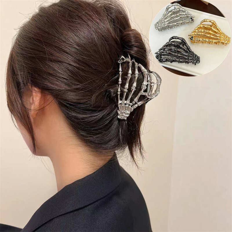 Gothic Punk Metal Skull Hand Hair Claws Clips for Women Girls Hip Hop Unique Skeleton Hairgrips Crabs Cosplay Hair Accessories