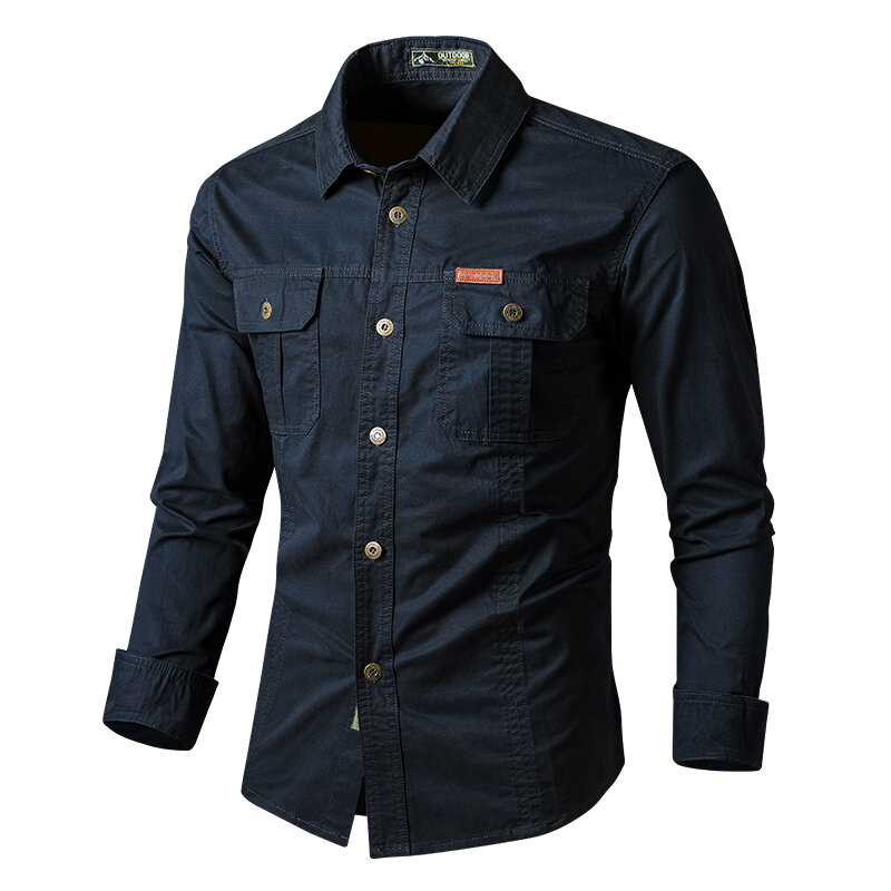 Men's Shirt Solid Color Multi-Pocket High Quality Cargo Shirts Male 100% Cotton Outdoor Casual Long Sleeve Shirts For Men