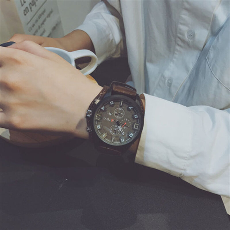 Jam tangan kuarsa mewah untuk pria, arloji olahraga kulit modis dengan fitur tanggal pelajar, jam tangan Chronograph untuk pria