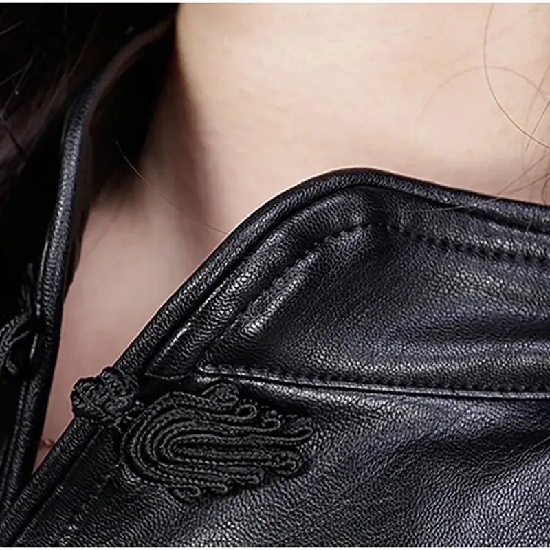 1pcs Women's PU Leather Short Jackets Coat 2024 Spring Fashion Faux Fur Splicing Chinese style Ladies Skinny Locomotive Coats
