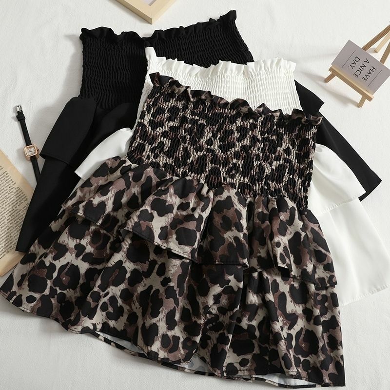 Sexy leopard print cake skirt skirt for women 2024 summer new style elastic high waist slimming a line pleated short skirt ins