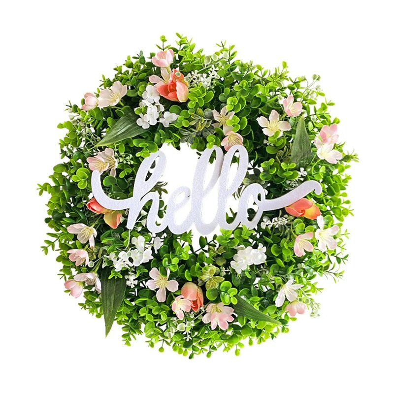 Karangan bunga pintu musim semi, ornamen karangan bunga 45cm, dekorasi dekoratif karangan bunga hijau untuk Festival rumah pertanian perayaan luar ruangan