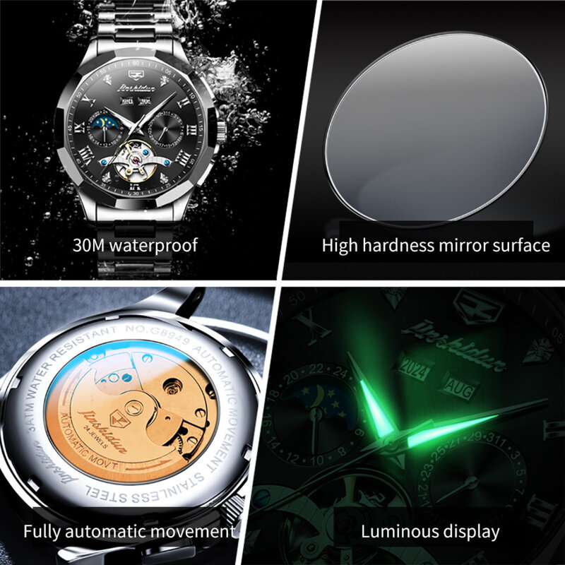 JSDUN-reloj mecánico de moda, pulsera de acero inoxidable, esfera redonda, indicador de semana luminoso, pequeño, segundo año, 8949