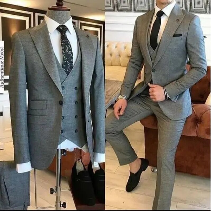 Smoking cinza slim fit masculino, smoking de casamento para noivo, blazer masculino, calça cinza e colete, 3 peças