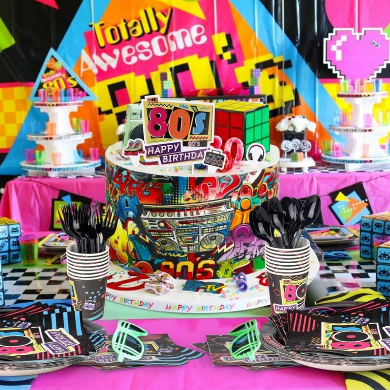 Dekoracje urodzinowe imprezowa z lat 80. Retro z lat 1980. Hip Hop Party Party z motywem obrus balony tło dla artykułów imprezowych z lat 80.
