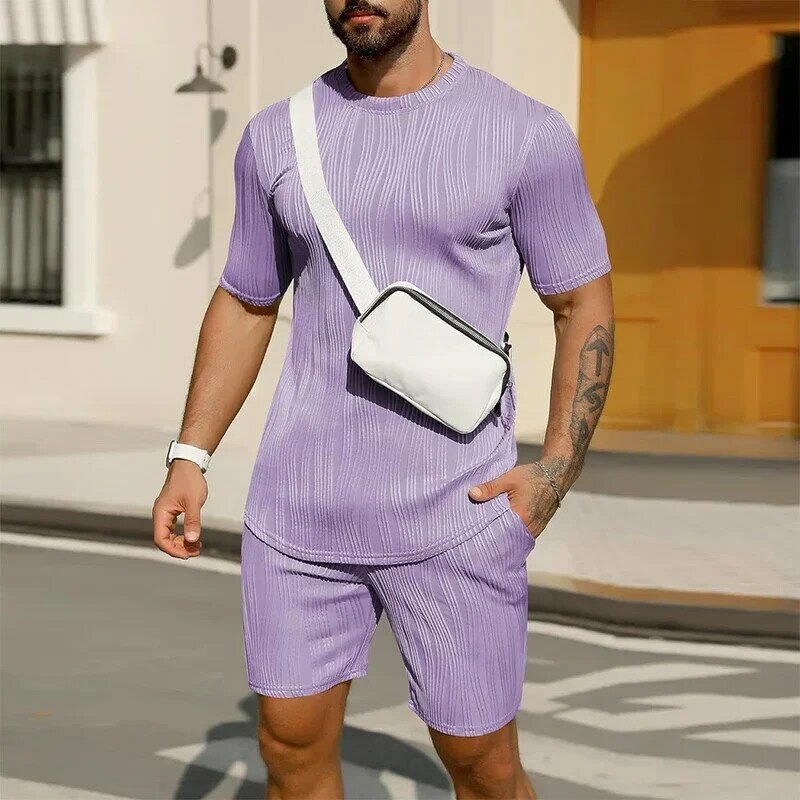 Vintage einfarbig gestreifte Herren zweiteilige Anzüge Kurzarm o Hals T-Shirts und Shorts Sets 2024 Sommer Männer Mode Outfits