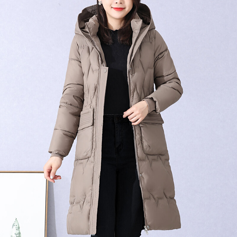 Mantel panjang musim dingin wanita, jaket Parka bertudung katun hangat tebal kasual kualitas tinggi gaya Korea musim dingin 2023