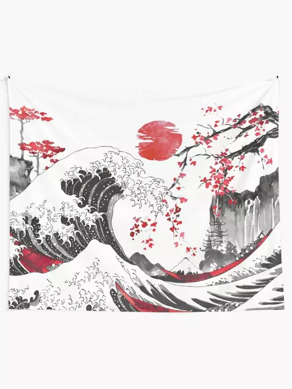 Pintura de acuarela de La Gran Ola de Hokusai sumi-e Art, arte japonés, Negro, Rojo, tapiz de decoración, tapiz de dormitorio