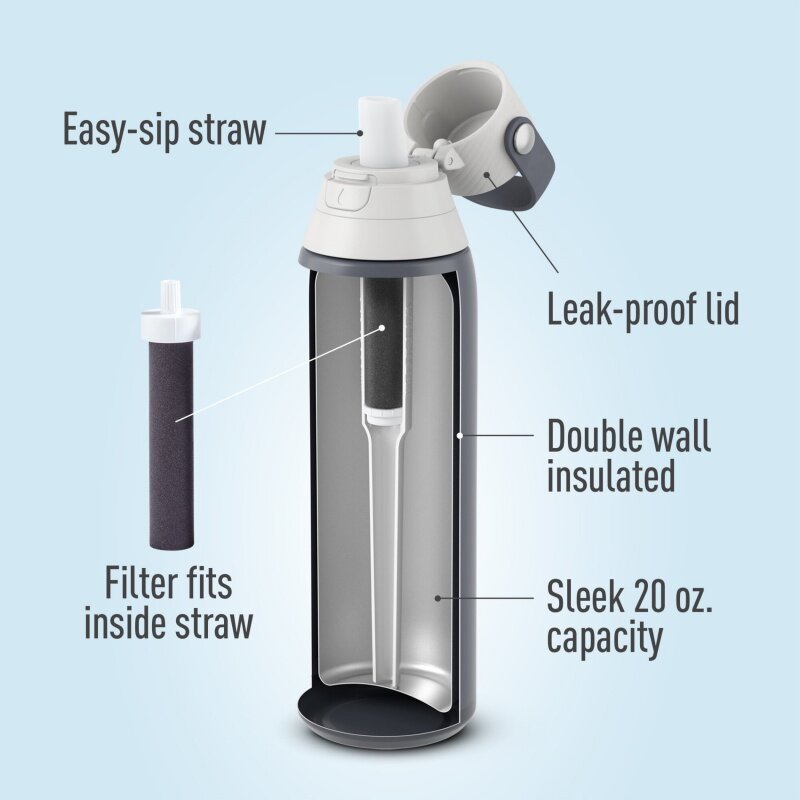 Brita-botella de agua filtrada a prueba de fugas de acero inoxidable Premium, carbono, 20 oz