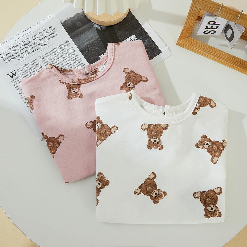 Txlixc Baby Cartoon Bear Print pagliaccetto Girl Boy autunno vestiti girocollo manica lunga tuta ampia rosa/bianco