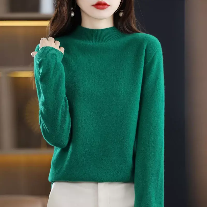 100% Wolle Frauen neue Herbst Winter Pullover Kaschmir halbhohen Kragen Pullover wilde reine Farbe lässige Mode Langarm Tops
