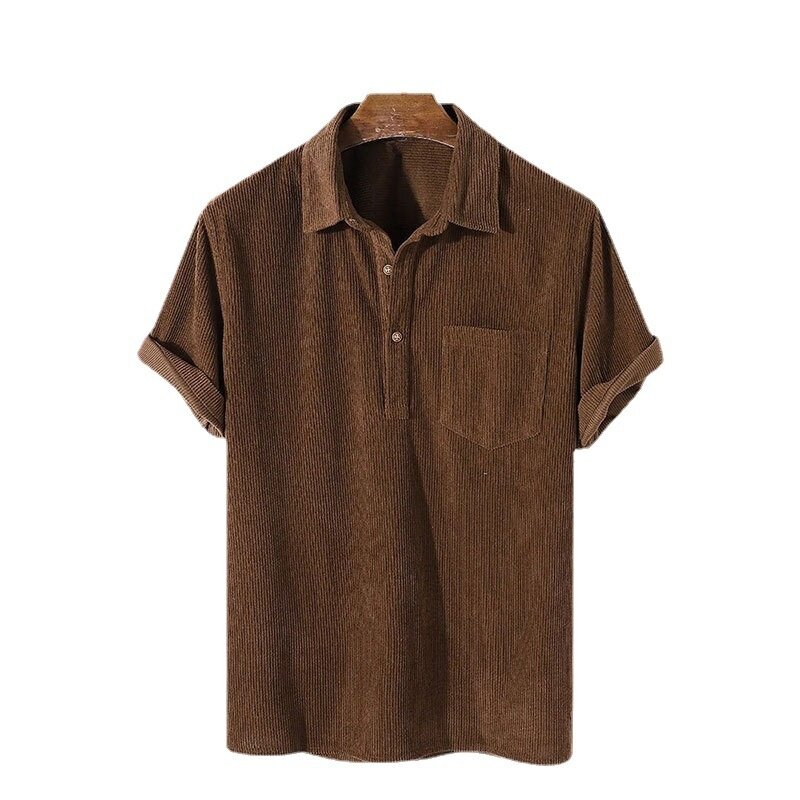 Camisa de manga corta de pana suelta informal para hombre, Camisa cómoda con solapa de color sólido, novedad de 2022