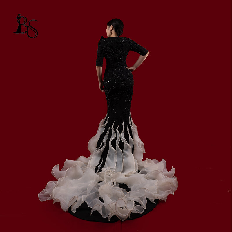 Женское вечернее платье по индивидуальному заказу, элегантное черное платье с бусинами ручной работы, оборками по краям, большой хвост для юбки, изогнутое платье Ff84