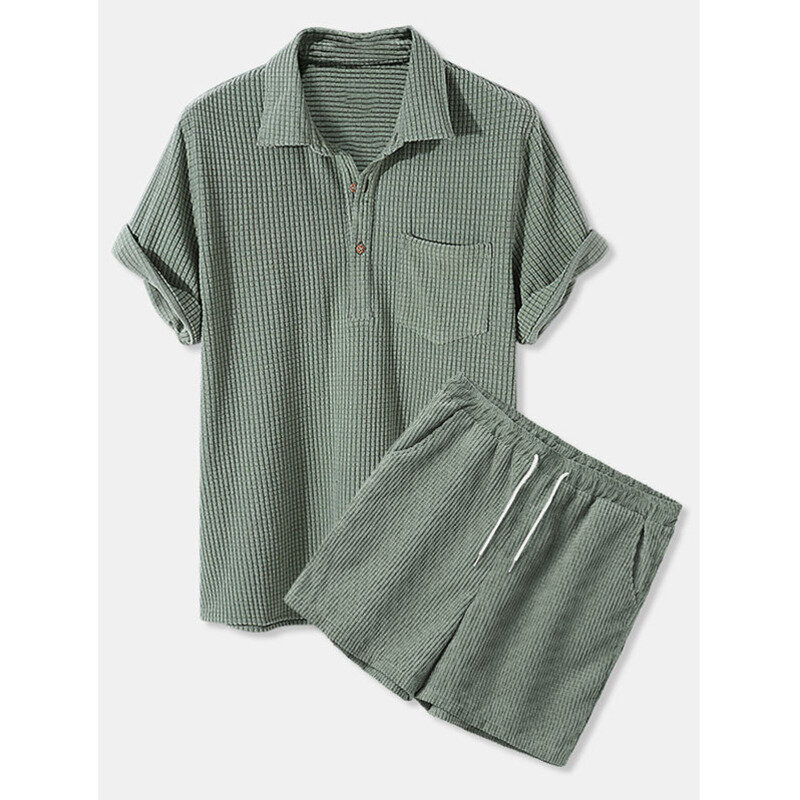 남성용 통기성 반팔 와플 셔츠 및 반바지 세트, 얇은 코듀로이, 단색, 포켓 운동복 포함, 여름