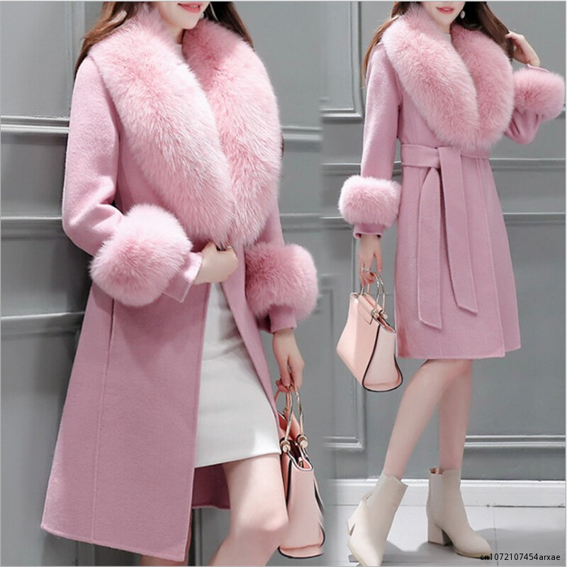 Autumn Winter New Women's Slim Trench Woolen Coat OL Mid-Length Faux Fur Collar Solid Color Lacing Woolen Outerwear Female