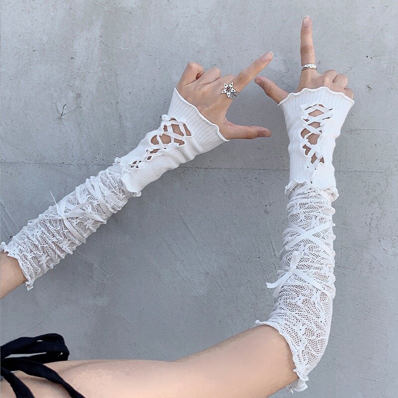 Y2k rękawice bez palców damskie Anime damskie rękawiczki z dzianiny ocieplacze zimowe japońskie gotycka kostka rękawy nadgarstkowe Harajuku