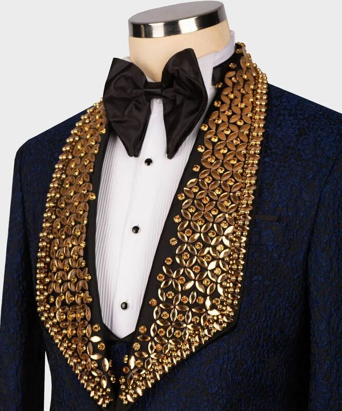 Conjunto de ternos masculinos azuis marinhos, blazer e calças, cristais de luxo, smoking de casamento do noivo, casaco de peito único, jaqueta de baile personalizada