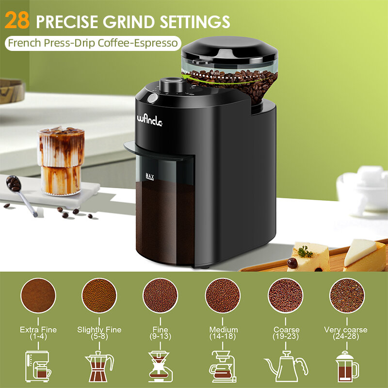 Wancle-molinillo de café eléctrico con 28 ajustes de molienda precisos, molino de rebabas ajustable cónico, 220V/120V