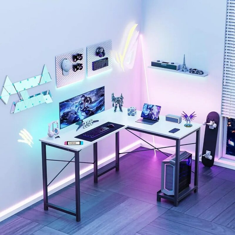 L 자형 컴퓨터 책상, 목재 코너 PC 게임 테이블, 홈 오피스 작은 공간용 측면 보관 가방, 흰색