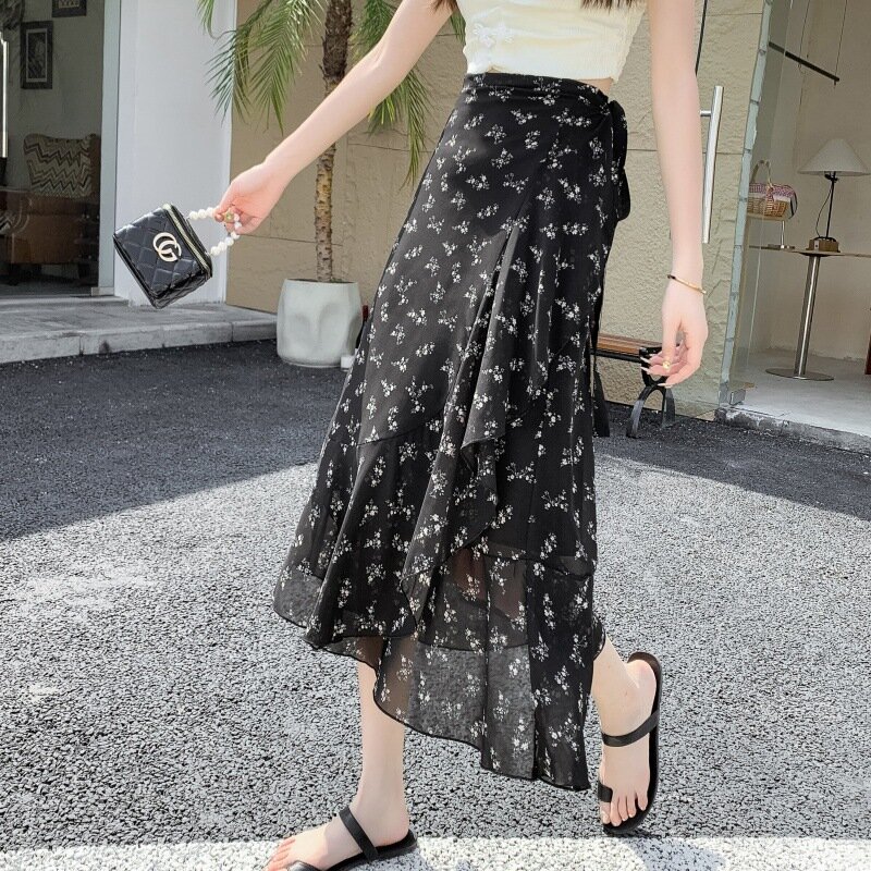 Printed Chiffon Ruffled Edge Skirt One Piece Irregular Skirt Mid Length Summer New Half Skirt