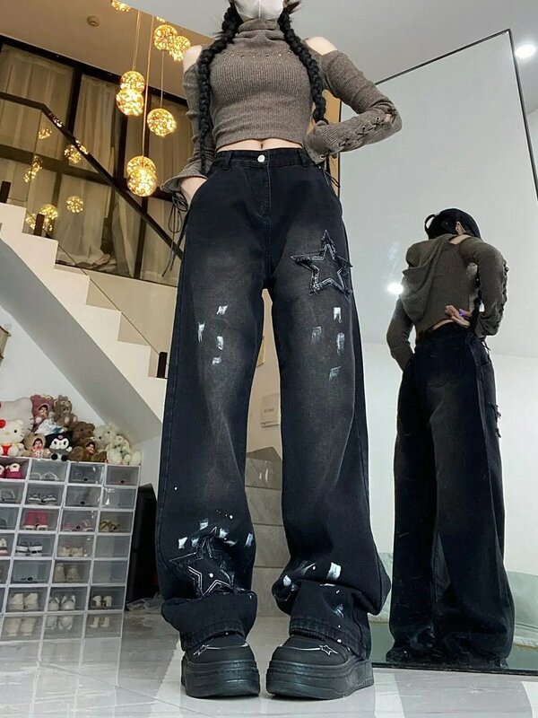 Celana Jin tabung lurus dengan percikan tinta retro Amerika untuk wanita di musim gugur baru dopamin celana kaki lebar berpinggang tinggi