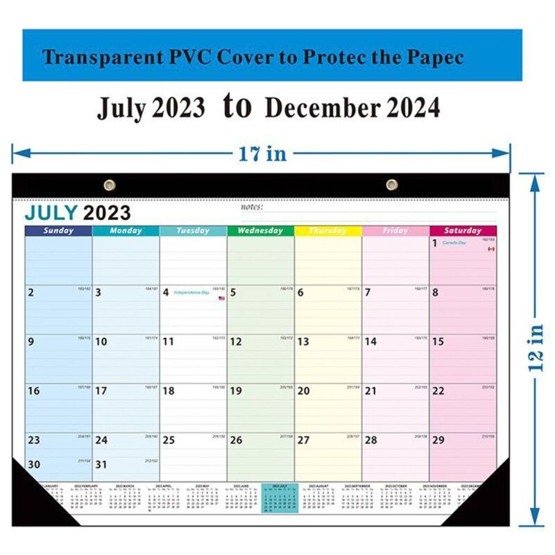 Kalender dinding Inggris 18 bulan Juli 2023-Desember 2024, kalender gantung untuk jadwal kantor rumah, catatan perencanaan tahun kertas