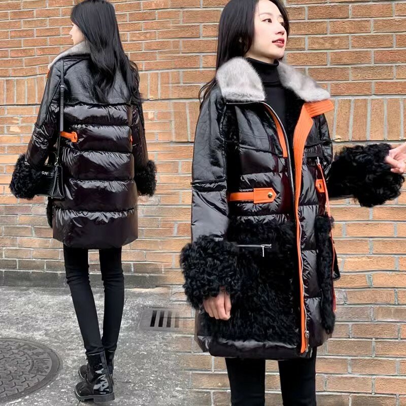 Chic Fur Splice Down Coat Womens 2024 New Glossy Winter White Duck Down Coat Long Loose Puffer parka PU Leather Jacket soprabito