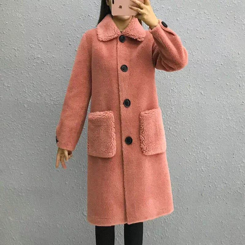 AYUNSUE – manteau en fourrure de mouton véritable pour femme, veste d'hiver longue en laine et cuir suédé, 2020
