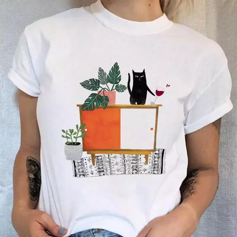 T-shirt à manches courtes avec imprimé de dessin animé pour femme, haut à col rond pour femme, style humoristique, chat des années 90, plante à la mode
