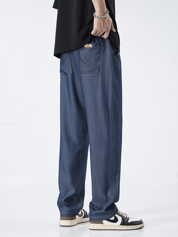 Summer Thin Wide Pants Men Loose Drawstring Elastic Waist Blue Fashion Casual Stretch Trousers Male Large Size M-5XL