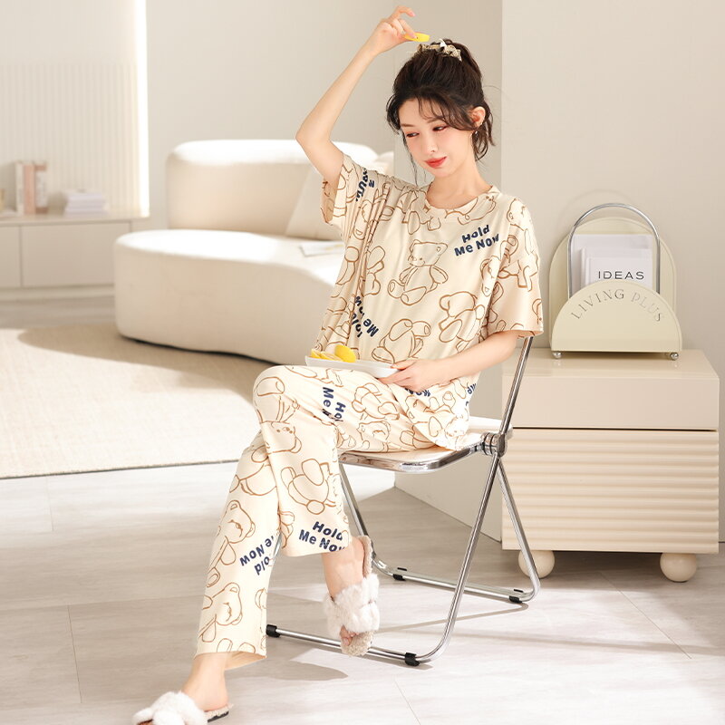 Summer Pajamas Set With Chest Pads Women Short Sleeve Tops + Pants Casual Tracksuit Female Lovely Print Sleepwear O-neck Pijamas