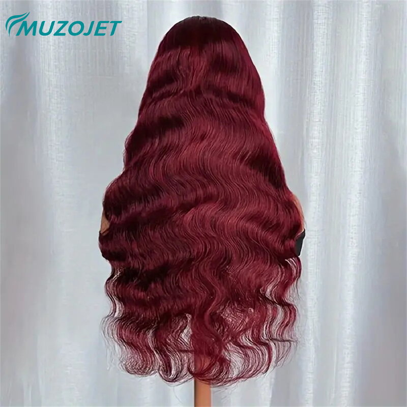 Perruque Lace Front Wig Body Wave Brésilienne Naturelle Remy, Cheveux Humains, Couleur Rouge Bordeaux 99J, 13x4, Transparent HD, pour Femme
