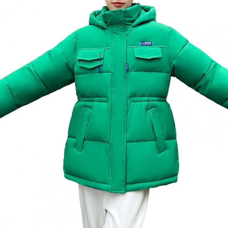 Zimowy damski płaszcz puchowy zagęszczony wiatroszczelny płaszcz z kapturem, na suwak ciasna talia luźna kurtka puchowa z długim rękawem