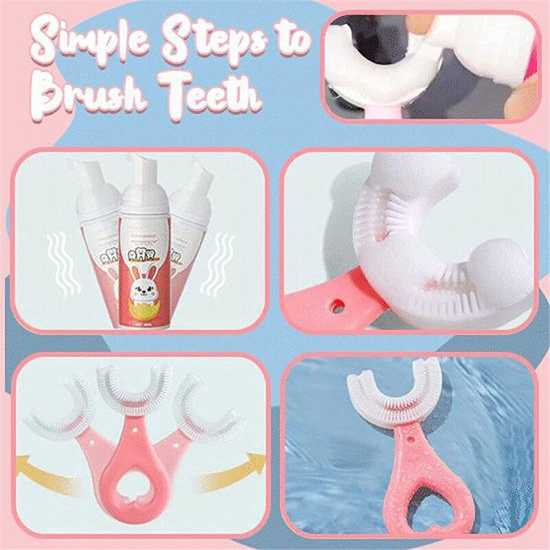 Cepillo de dientes en forma de U para niños, mordedor infantil de 360 grados, cepillo de silicona para niños pequeños, cuidado bucal, limpieza