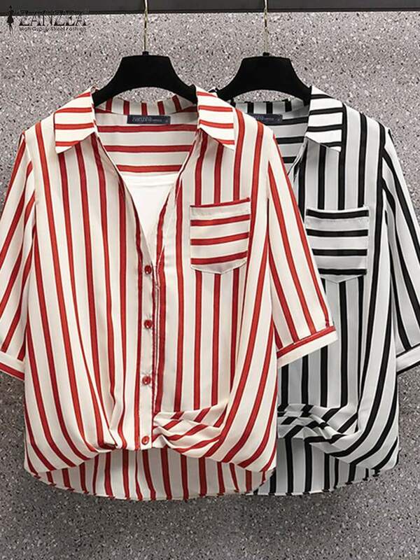 ZANZEA Stylowe koszule damskie z marszczonym dołem 2024 Moda Casual Lapel Neck Half Sleeve Striped Chemise Elegant Button Up Tops Tunic