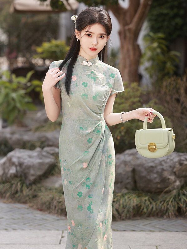 Improved Simple Cheongsam 2024 Spring Summer Old Shanghai Style Qipao Elegant Temperament Young Printed Dress